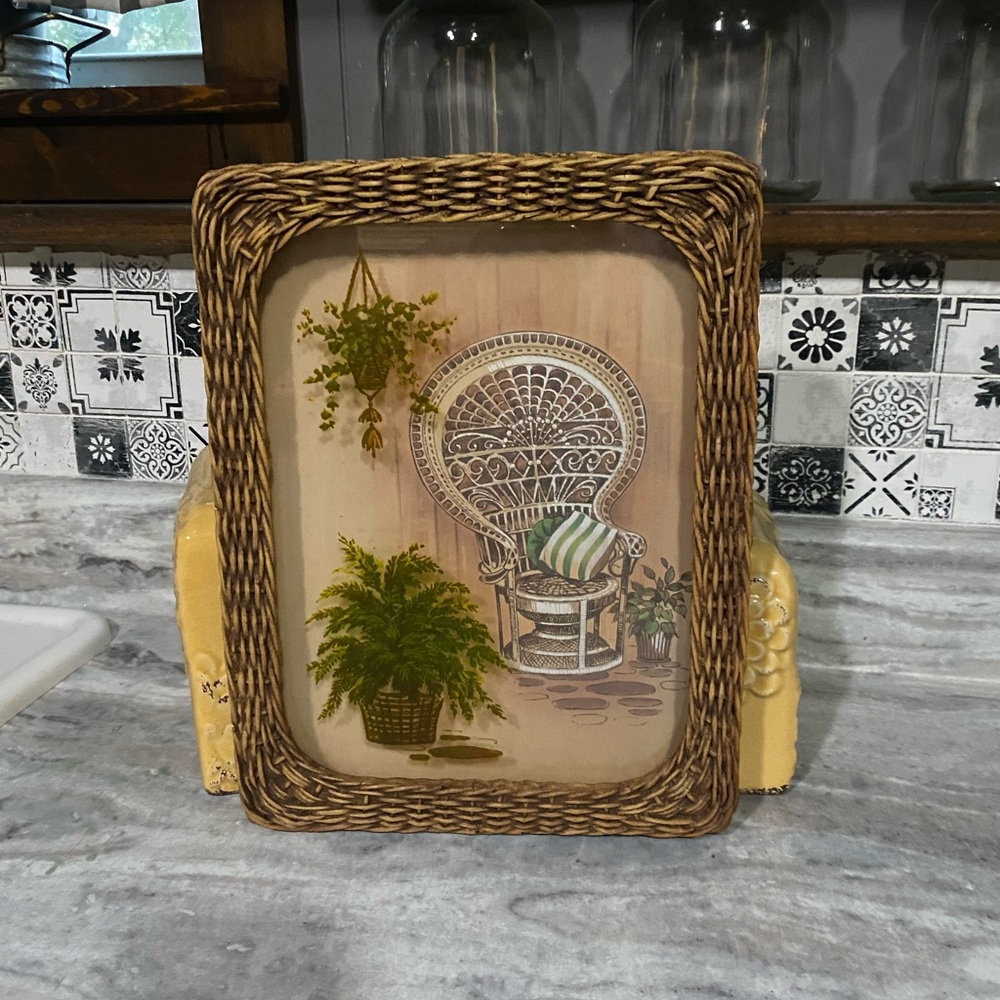 70’s vintage faux wicker peacock chair wall art.